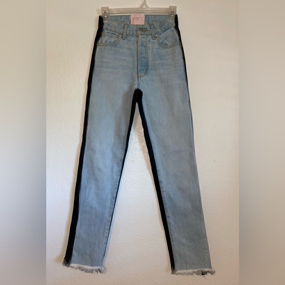 Revice Denim Two-Tone Button Fly High-Waisted Straight Leg Jean frayed‎
